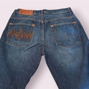 THE HUNDREDS Adam Bomb Jeans Straight Leg Blue Denim Embroidered Back Pocket Y2K